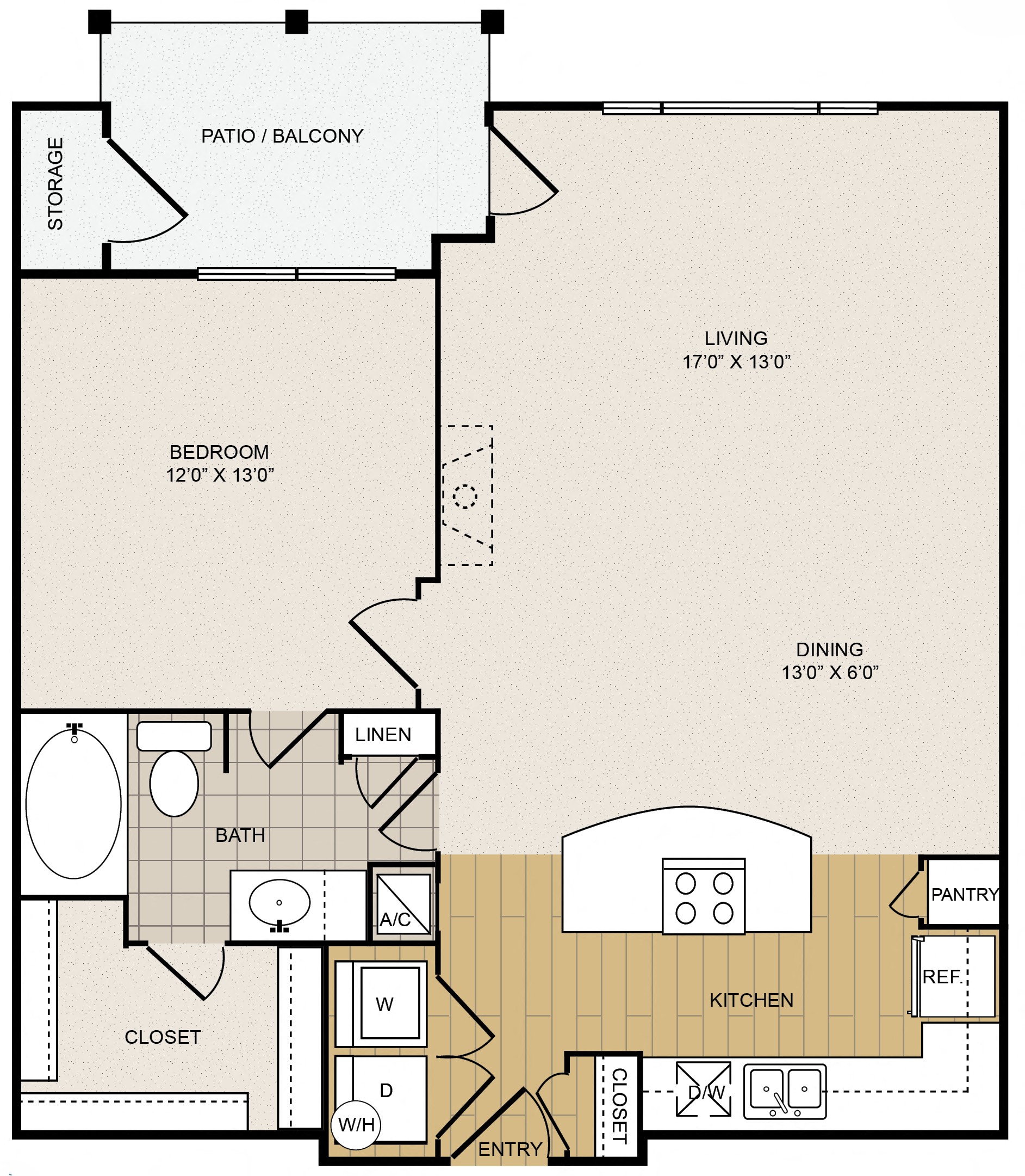 Floor plan for 1 bed, 1 bath, 882 sqft